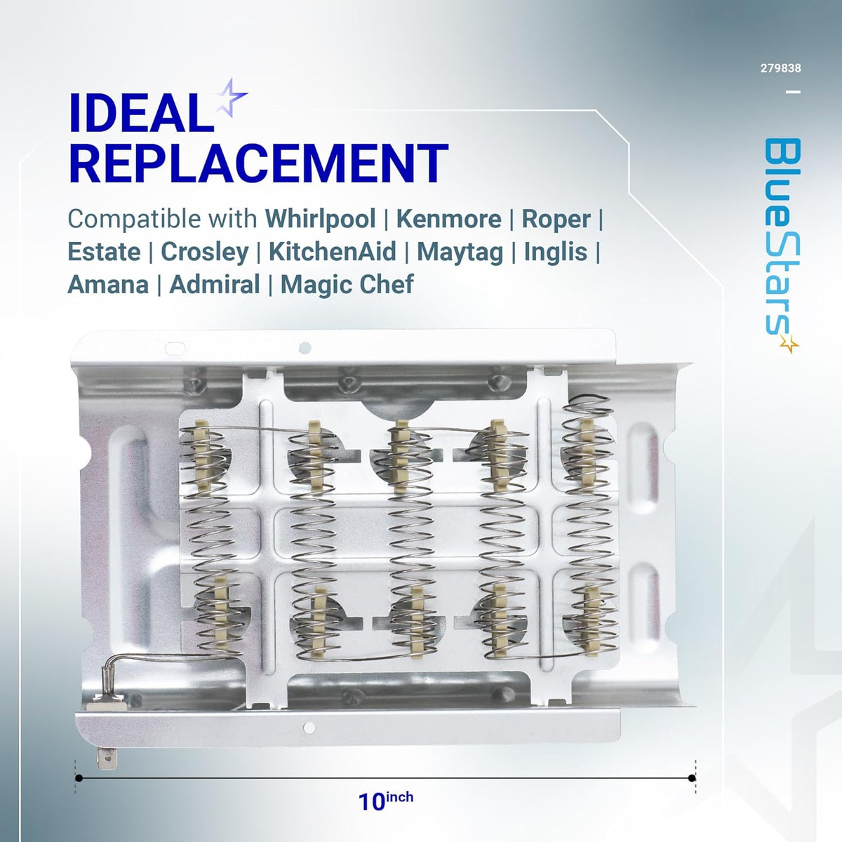 Replacement dryer heating element assembly compatible with Whirlpool, Maytag, and Kenmore dryers.