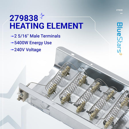 279838 dryer heating element with 5400W 240V specifications and dual male terminals for Whirlpool dryers.