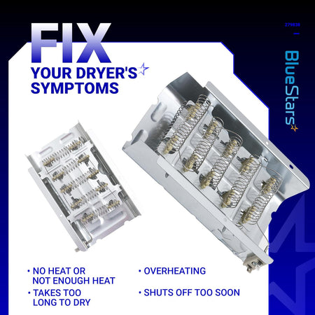 Two dryer heating element assemblies shown from different angles for Whirlpool, Maytag, and Kenmore dryers.