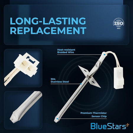 Infographic showing 316233902 oven temperature sensor features including stainless steel probe and braided wire connector.