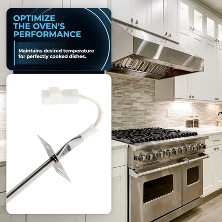 Oven temperature sensor probe for Frigidaire and Kenmore ranges shown against a kitchen background.