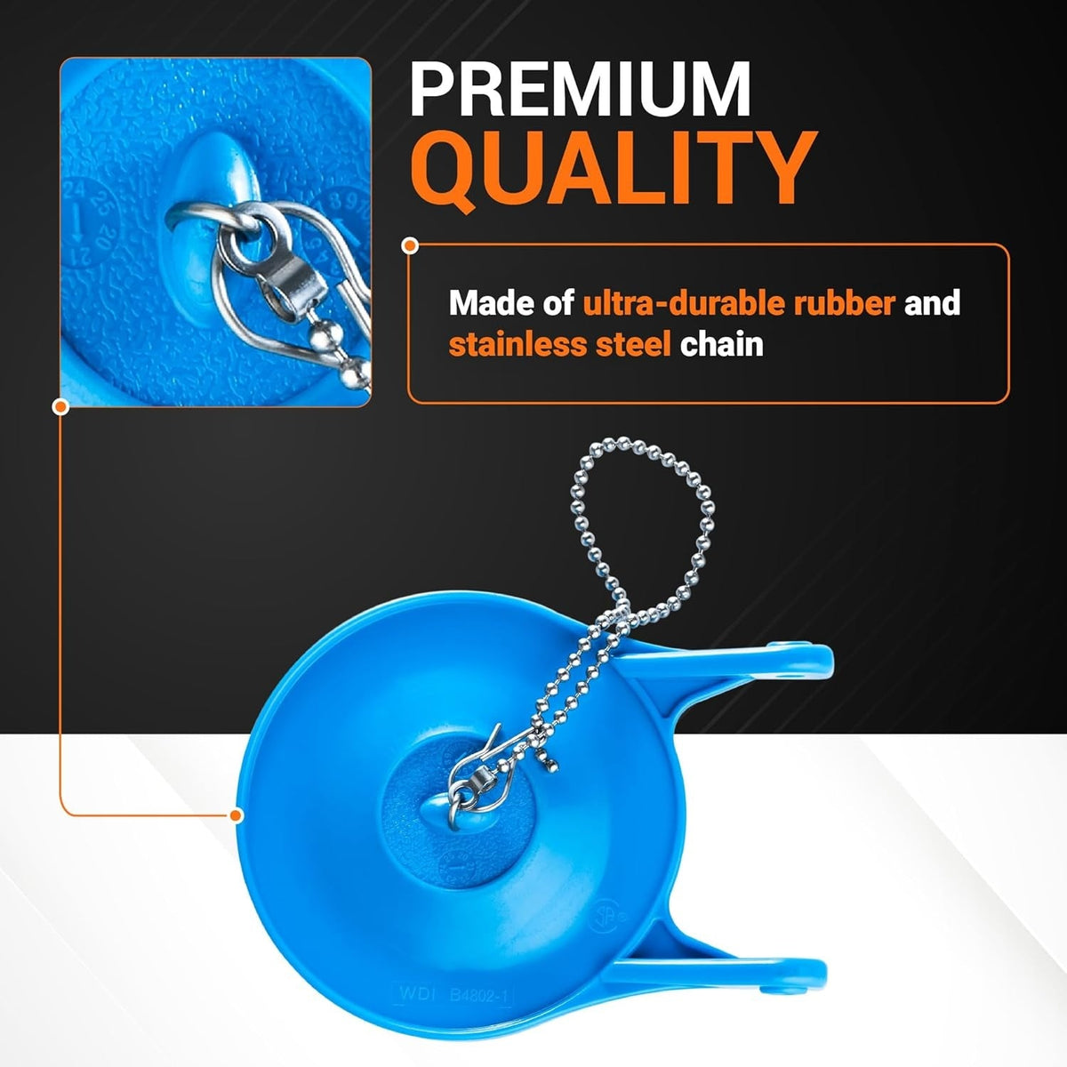 Blue rubber AquaSource toilet flapper with stainless steel chain and close-up detail of attachment point.