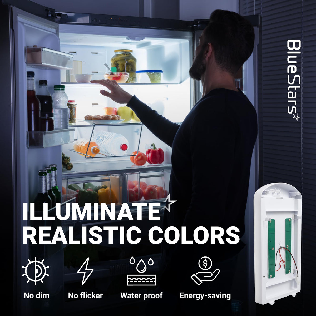 W11527432 LED refrigerator light module shown in a bright, illuminated Whirlpool refrigerator interior.