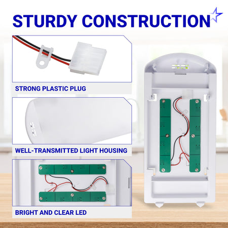 W11527432 refrigerator light assembly showing sturdy plastic housing, LED circuit boards, and wiring connector details.