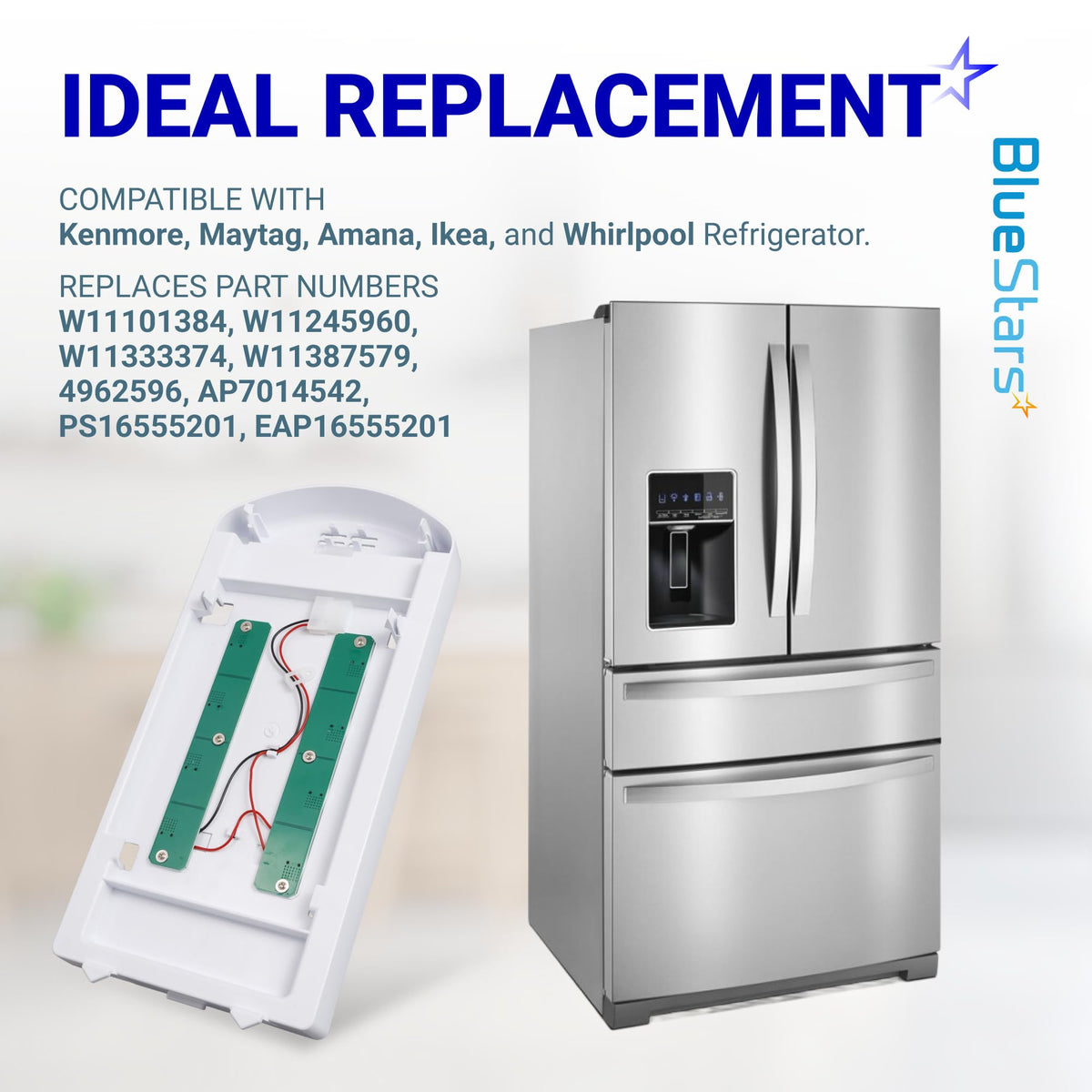 W11527432 refrigerator LED light module replacement for Whirlpool, Maytag, and Kenmore refrigerators.