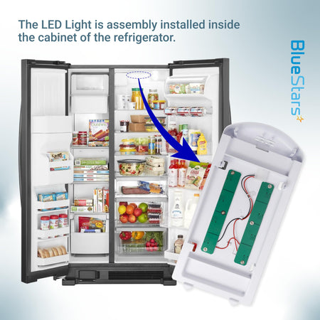 W11527432 refrigerator LED light assembly showing installation location inside a Whirlpool refrigerator cabinet.