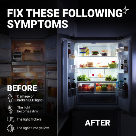 Before and after comparison showing how W11527432 refrigerator LED light fixes dim, flickering, or yellow lighting.