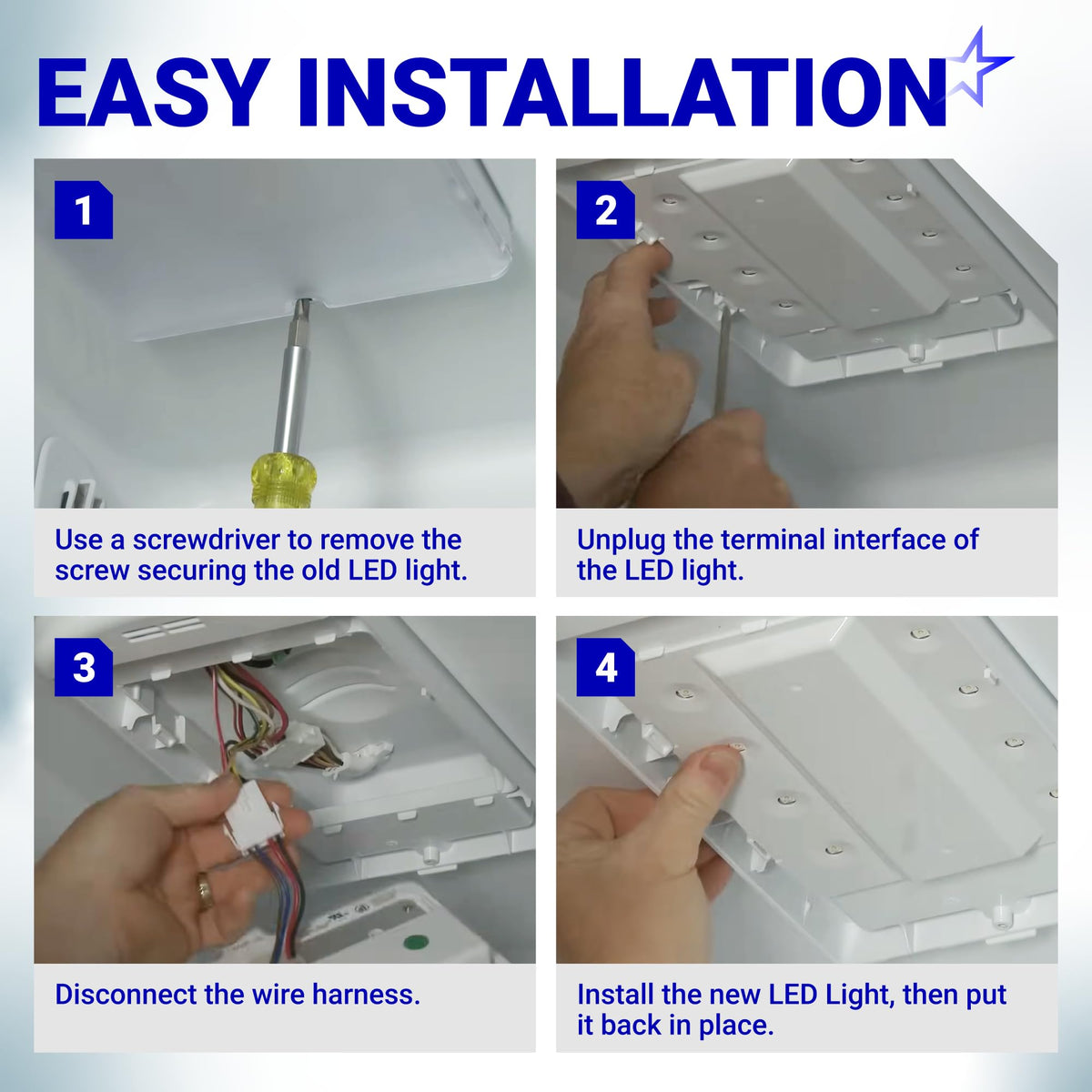 Four-step installation guide for W11527432 refrigerator LED light showing removal and replacement process.