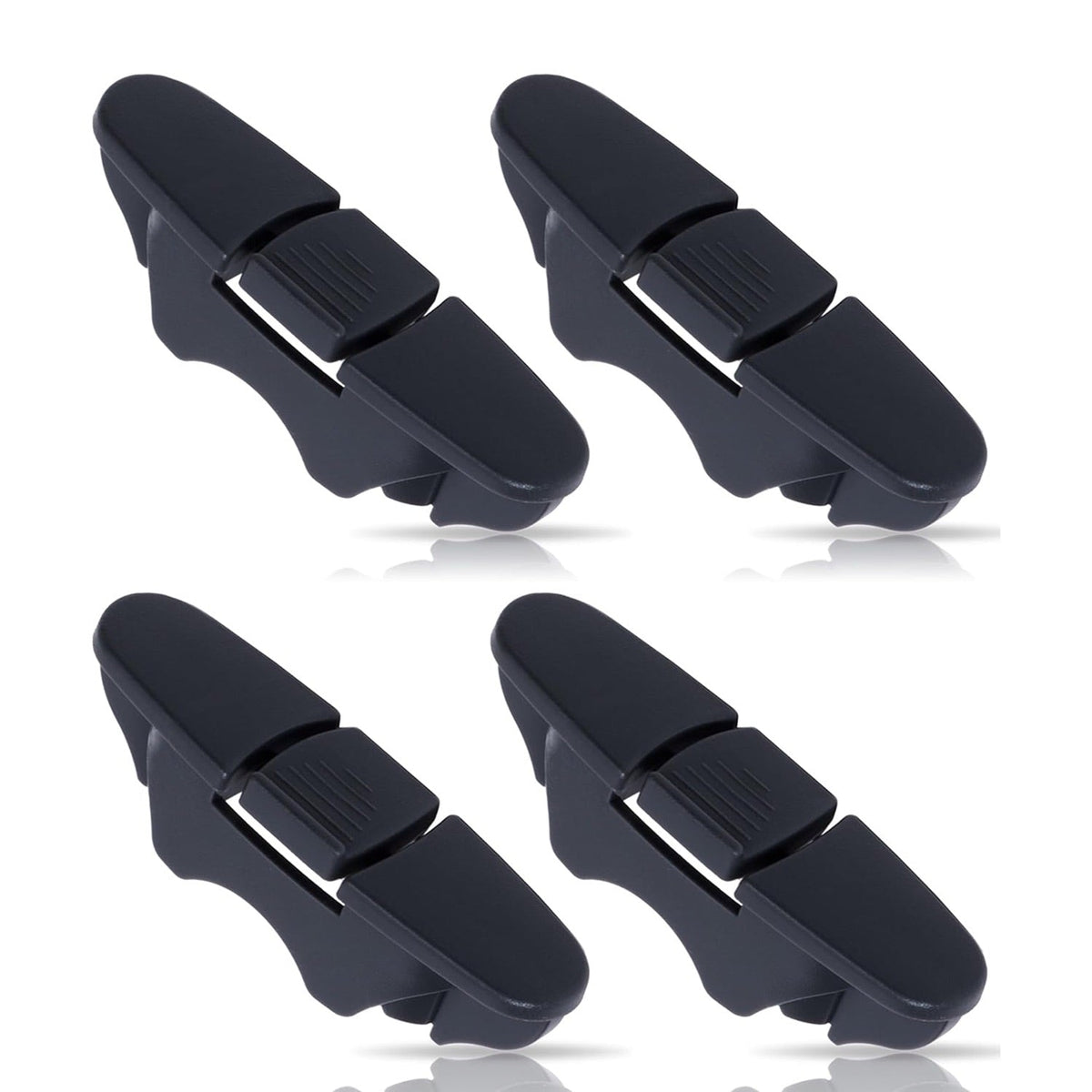Set of four black W10508950 dishwasher upper rack stop clips for Whirlpool and Kenmore appliances.