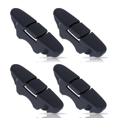 Set of four black W10508950 dishwasher upper rack stop clips for Whirlpool and Kenmore appliances.