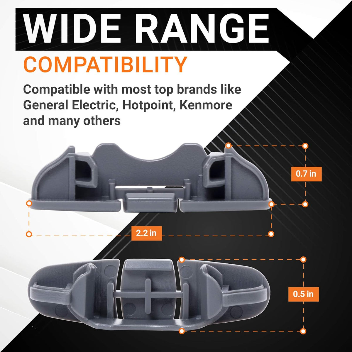 W10508950 dishwasher upper rack stop clip showing dimensions and compatibility details.