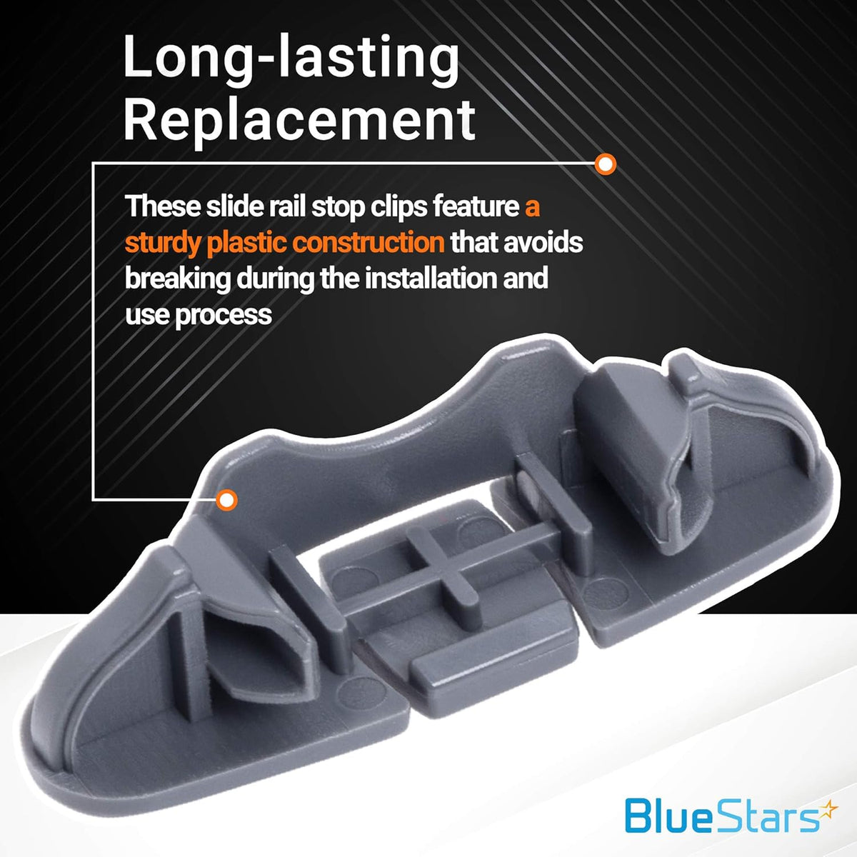 Close-up of a single W10508950 dishwasher upper rack stop clip with durable plastic construction.