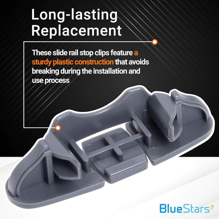 Close-up of a single W10508950 dishwasher upper rack stop clip with durable plastic construction.