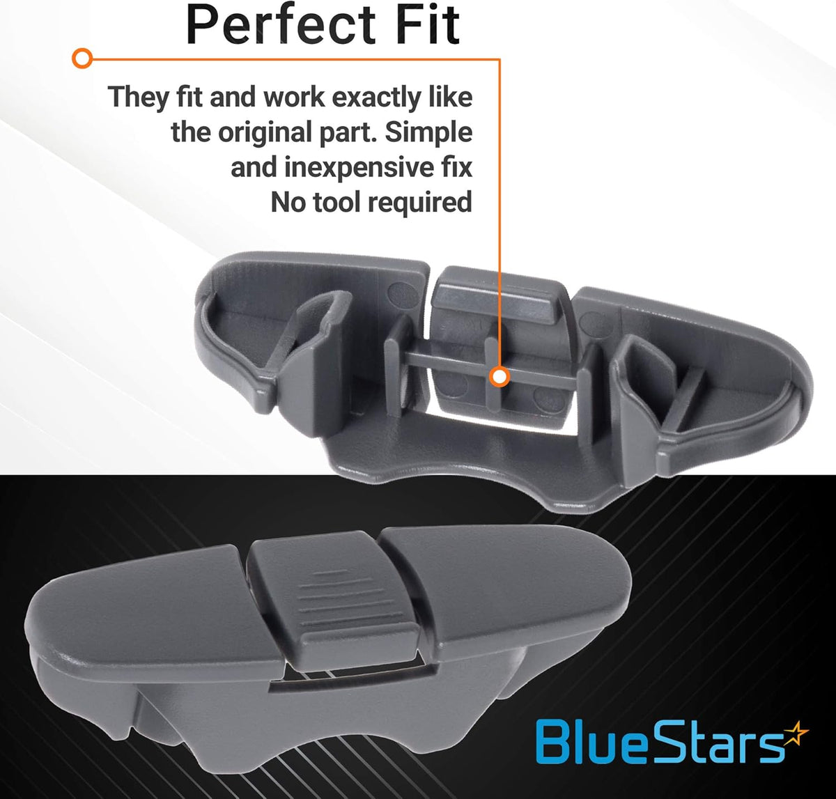 W10508950 dishwasher upper rack stop clip showing front and back views with installation text overlay.