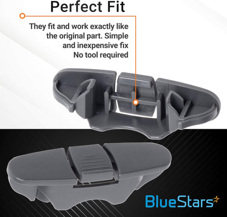 W10508950 dishwasher upper rack stop clip showing front and back views with installation text overlay.