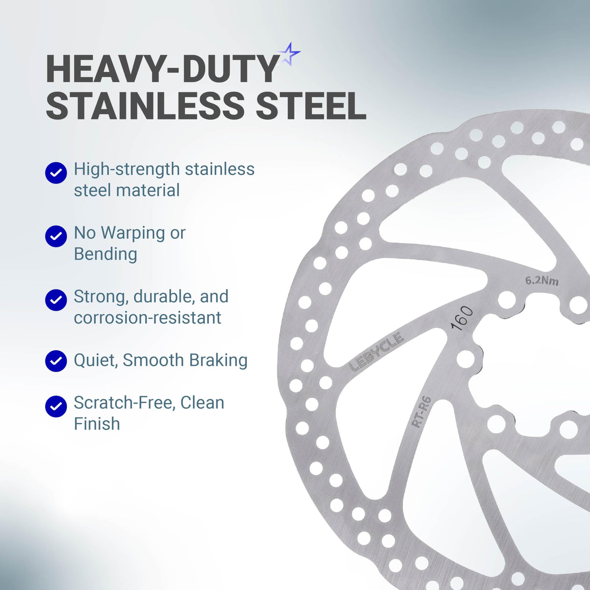 Close-up of 160mm stainless steel bike disc brake rotor with feature list infographic.