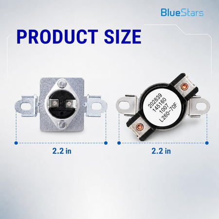 137032600 Dryer Thermal Limiter and 3204267 Dryer Thermostat, size diagram showing both parts at 2.2 inches