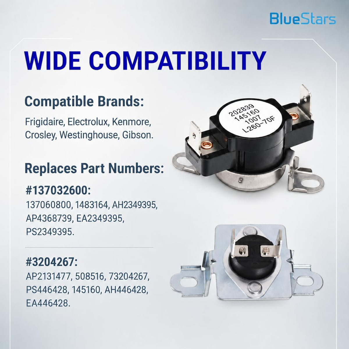 137032600 Dryer Thermal Limiter and 3204267 Dryer Thermostat, compatibility graphic with both parts and replacement numbers