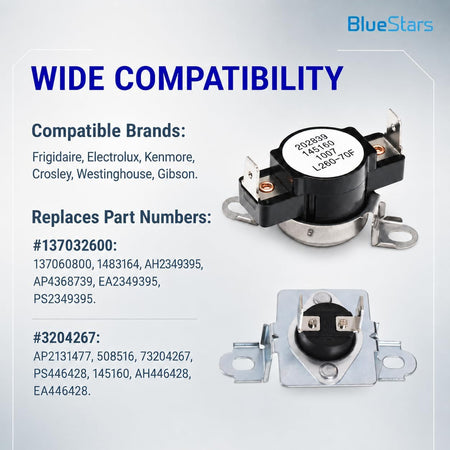 137032600 Dryer Thermal Limiter and 3204267 Dryer Thermostat, compatibility graphic with both parts and replacement numbers