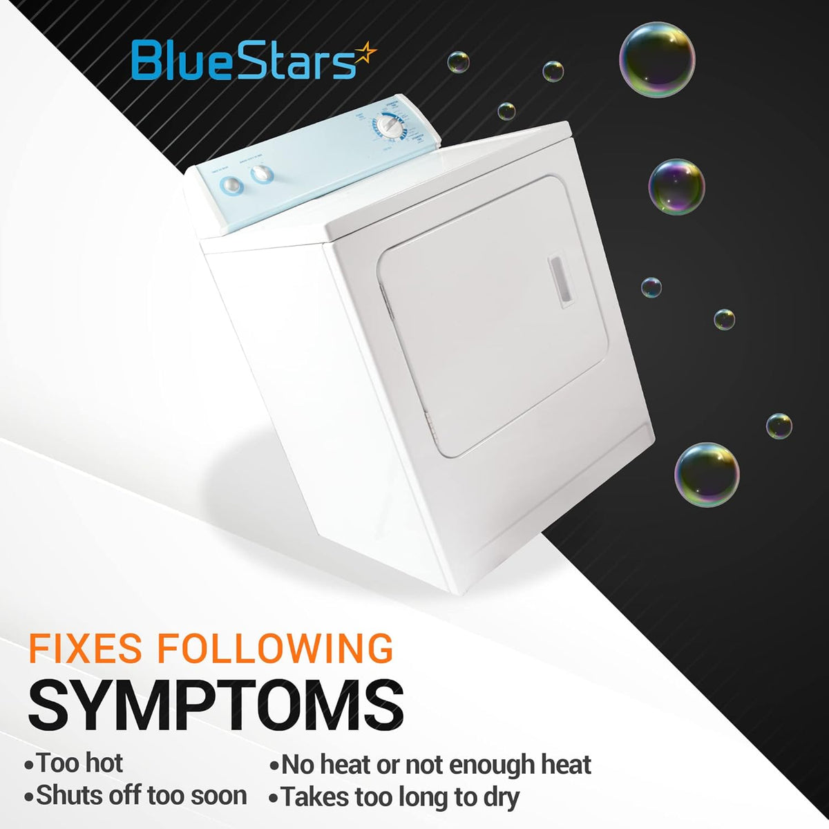 White dryer with BlueStars branding and text listing common heating and drying symptoms for repair.