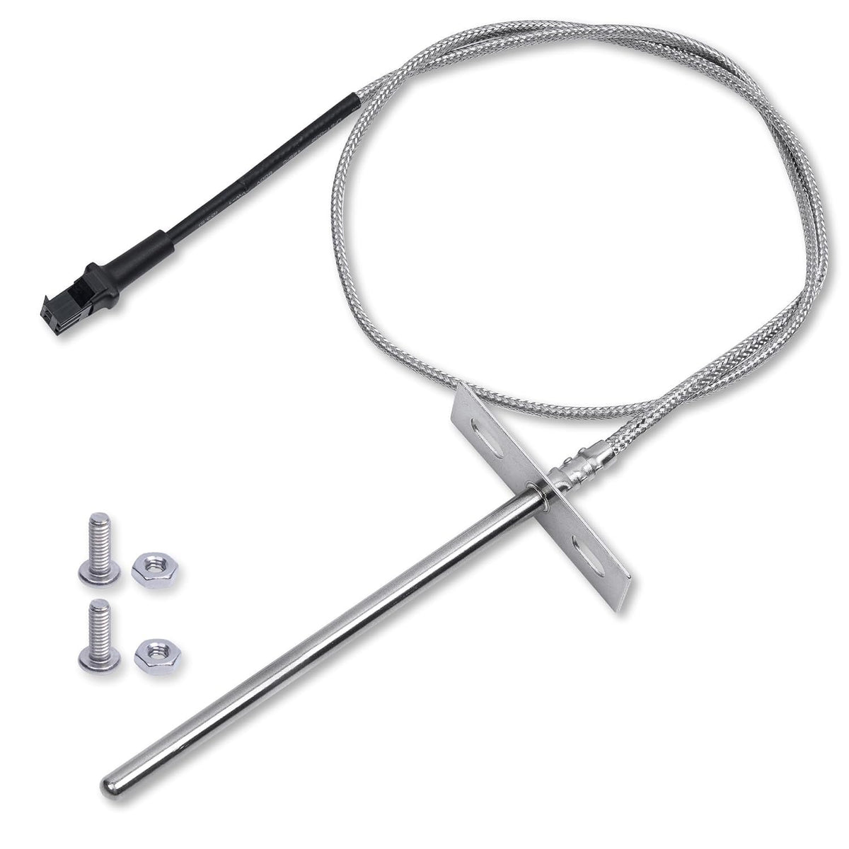 RTD temperature probe sensor with braided cable, mounting bracket, and two sets of nuts and bolts.