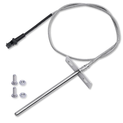 RTD temperature probe sensor with braided cable, mounting bracket, and two sets of nuts and bolts.