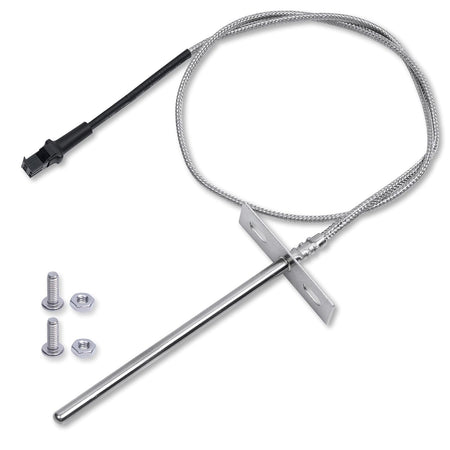 RTD temperature probe sensor with braided cable, mounting bracket, and two sets of nuts and bolts.