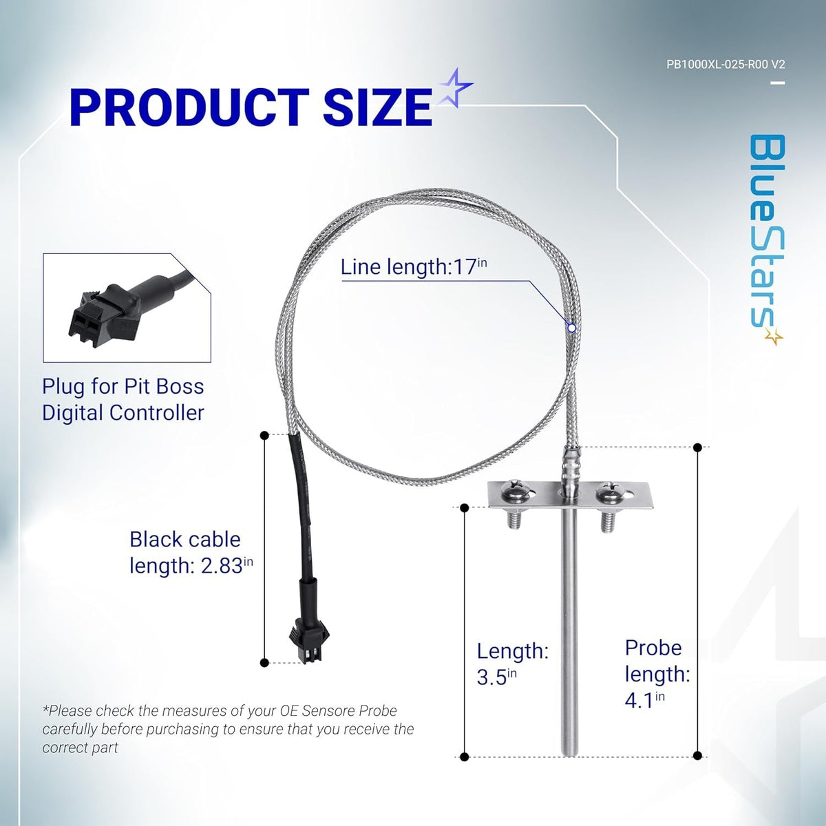 RTD temperature probe sensor dimensions diagram with Pit Boss digital controller plug and cable length specifications.