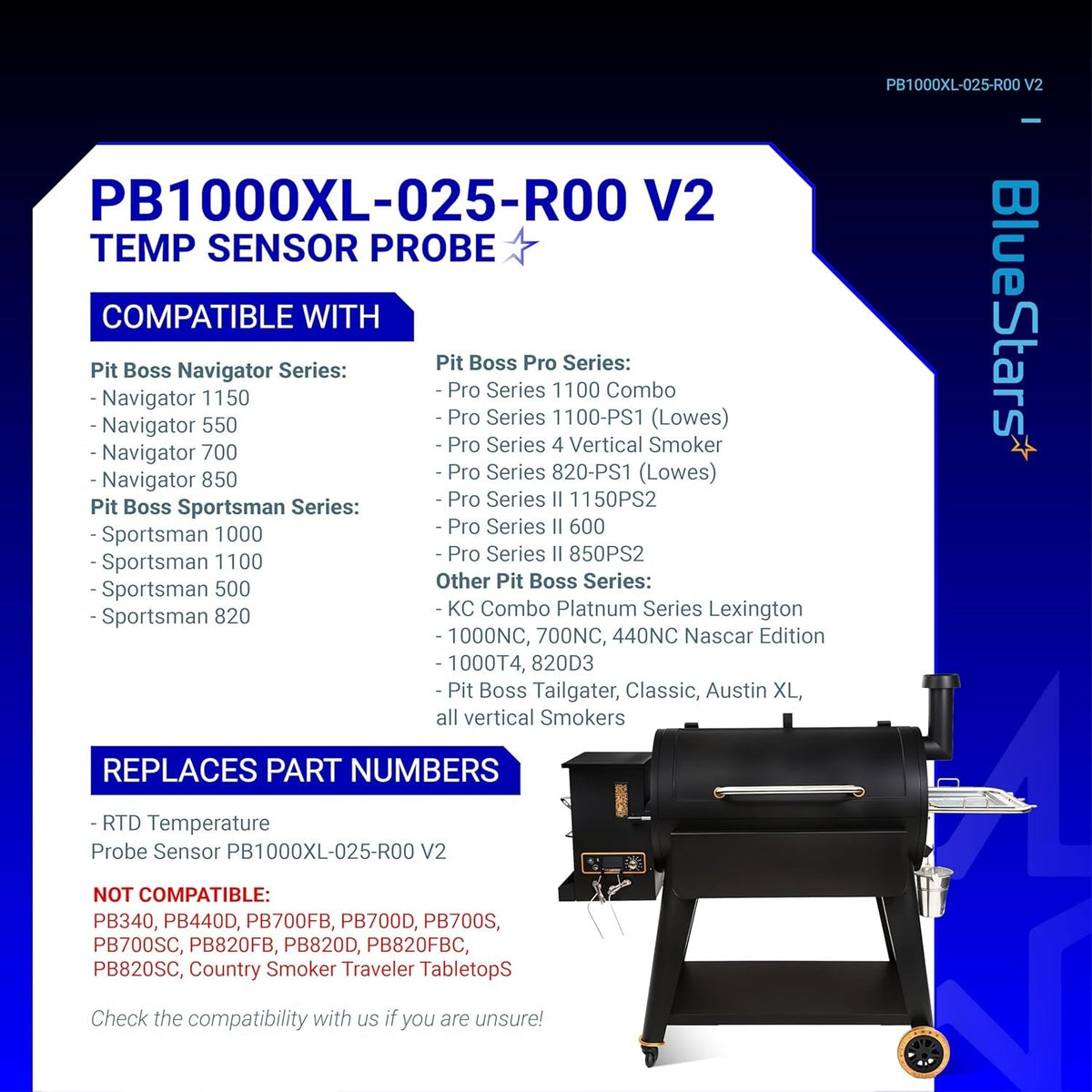 Compatibility chart for PB1000XL-025-R00 V2 RTD temperature probe sensor for Pit Boss grills.