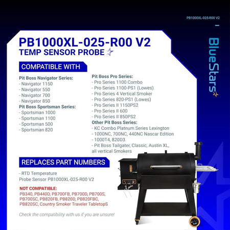 Compatibility chart for PB1000XL-025-R00 V2 RTD temperature probe sensor for Pit Boss grills.