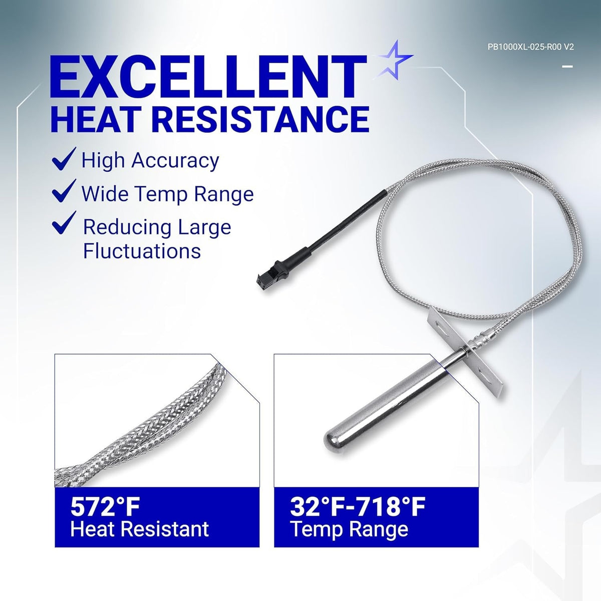 RTD temperature probe sensor with braided cable and mounting bracket, highlighting heat resistance and temp range.