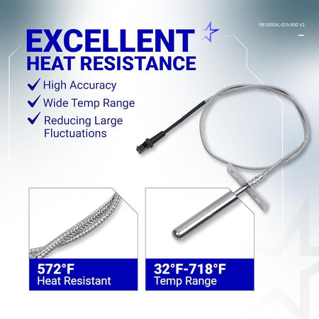 RTD temperature probe sensor with braided cable and mounting bracket, highlighting heat resistance and temp range.
