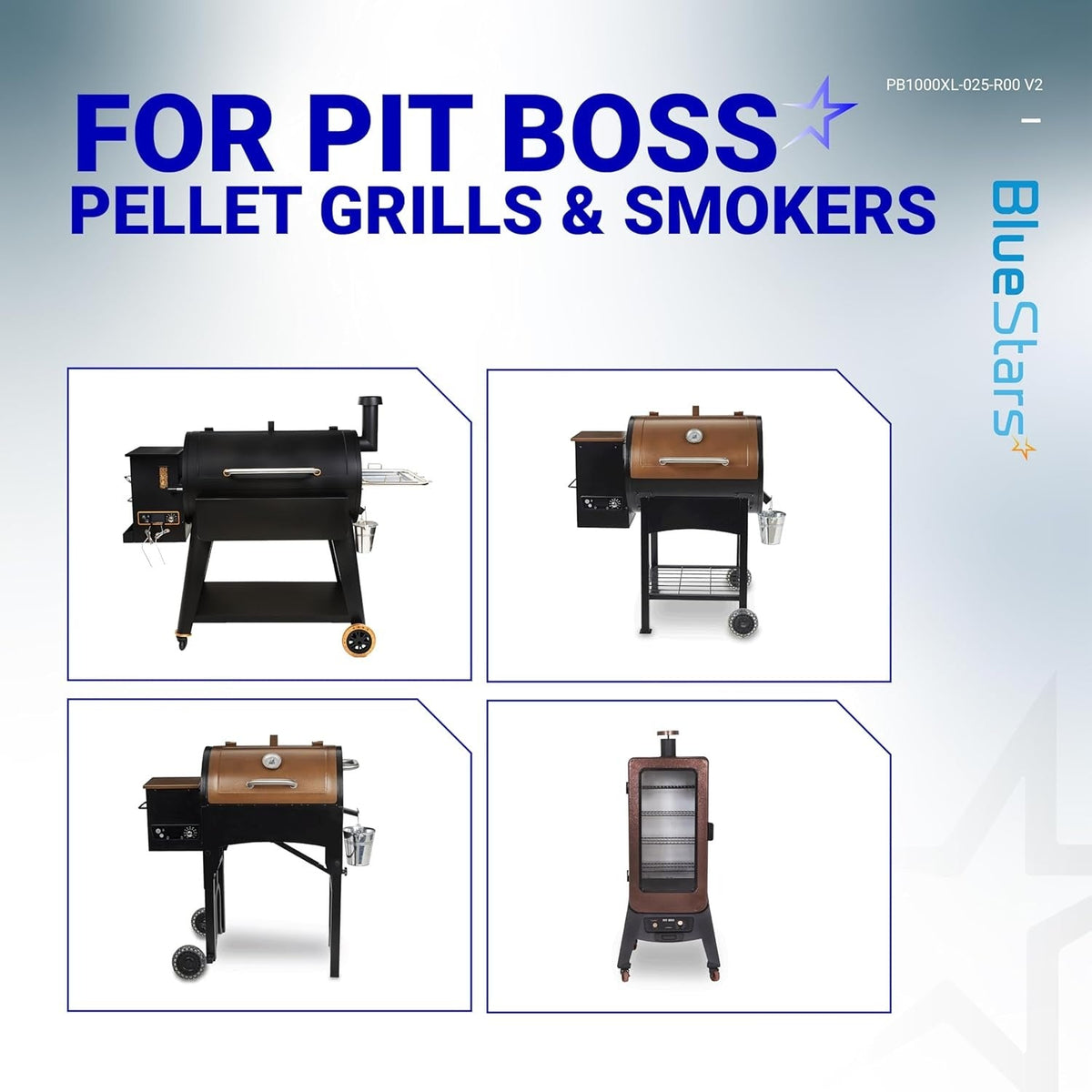 Collage of various Pit Boss pellet grills and smokers compatible with RTD temperature probe sensors.