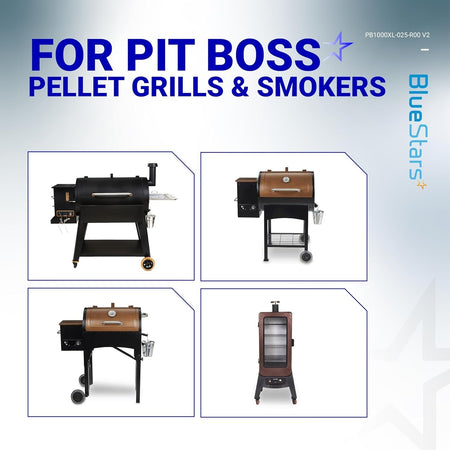 Collage of various Pit Boss pellet grills and smokers compatible with RTD temperature probe sensors.