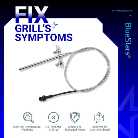 RTD temperature probe sensor with mounting bracket and braided wire for grill repair.