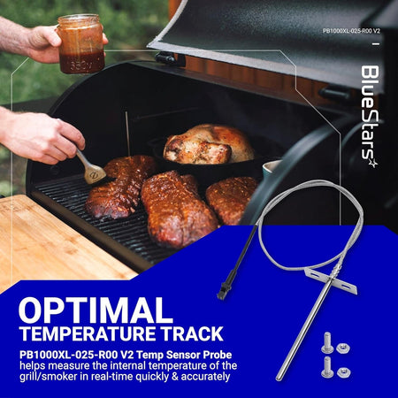 RTD temperature probe sensor with mounting bracket and hardware for pellet grill and smoker temperature monitoring.