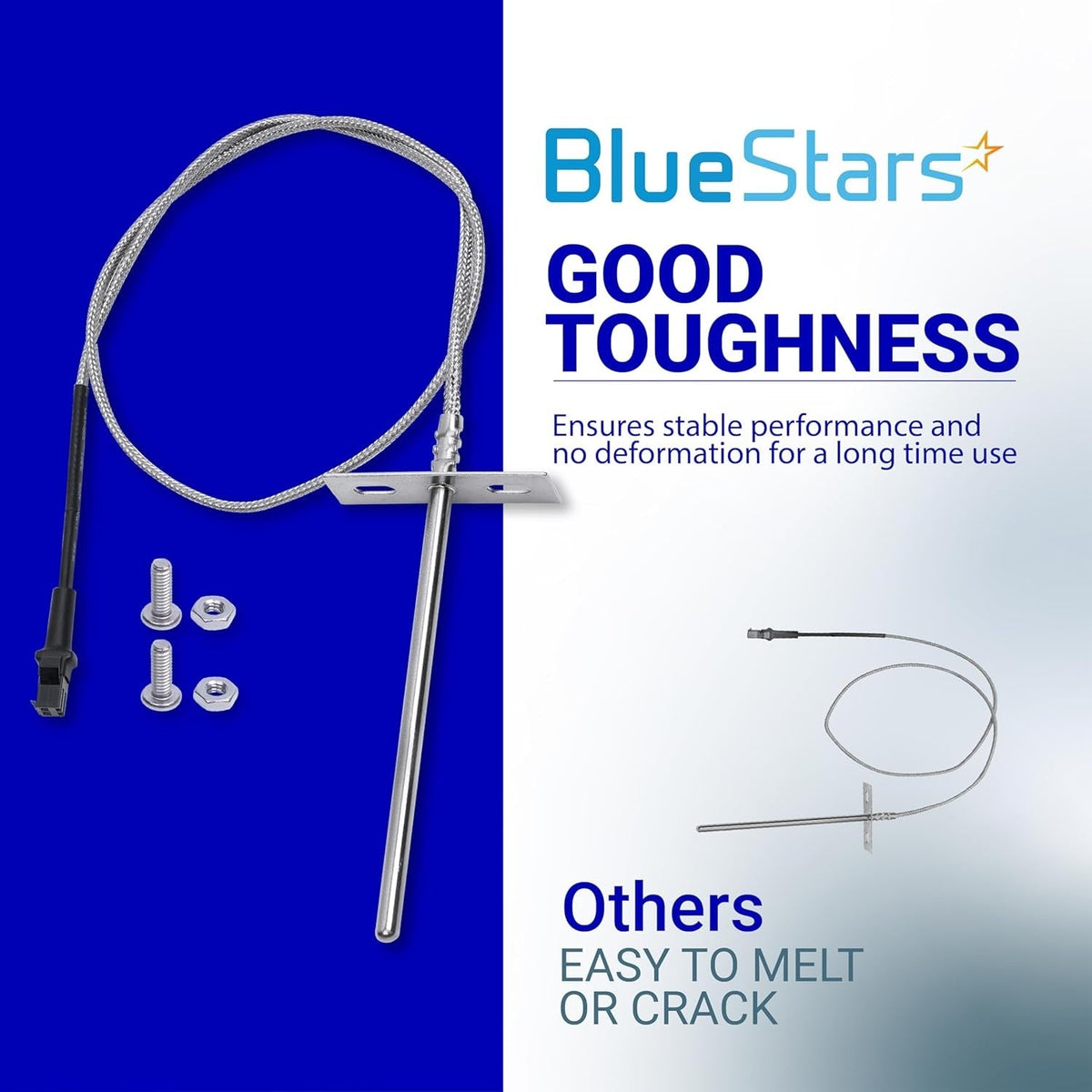 RTD temperature probe sensor with braided wire, mounting bracket, and hardware for durable appliance performance.