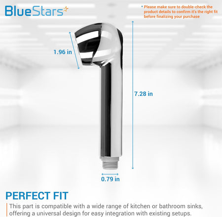 Chrome pull-down bathroom sink sprayer head with dimensions labeled for compatibility check.