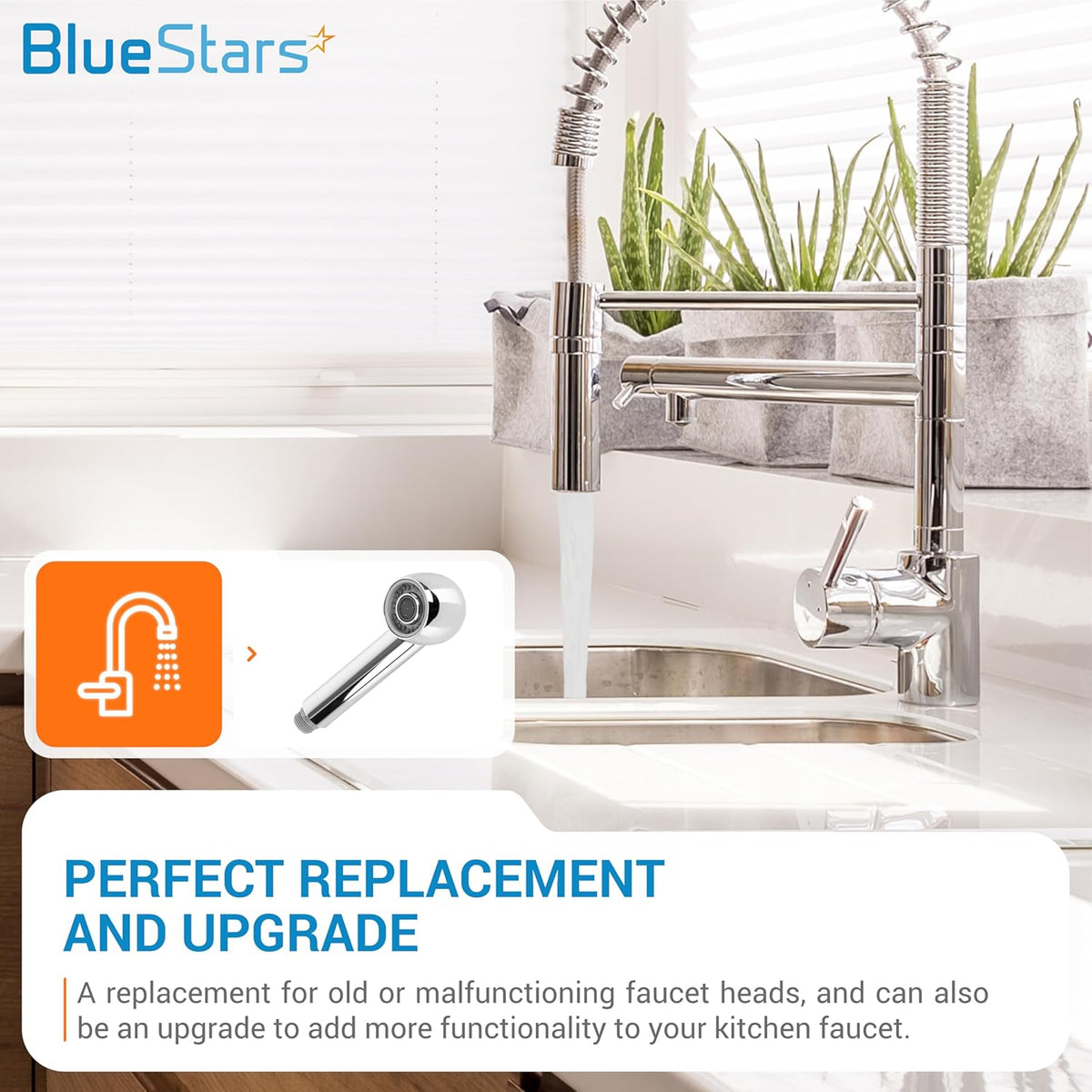 Chrome pull-down faucet sprayer head replacement for kitchen sink faucets.
