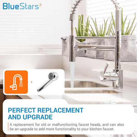 Chrome pull-down faucet sprayer head replacement for kitchen sink faucets.