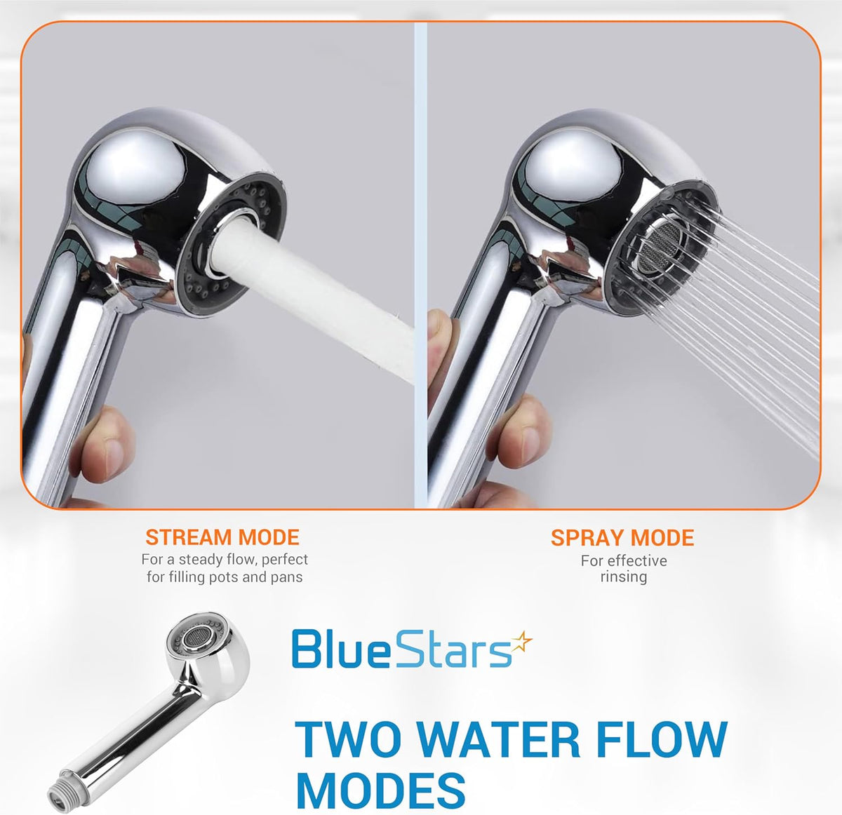 Pull down bathroom sink sprayer head showing stream and spray water flow modes.