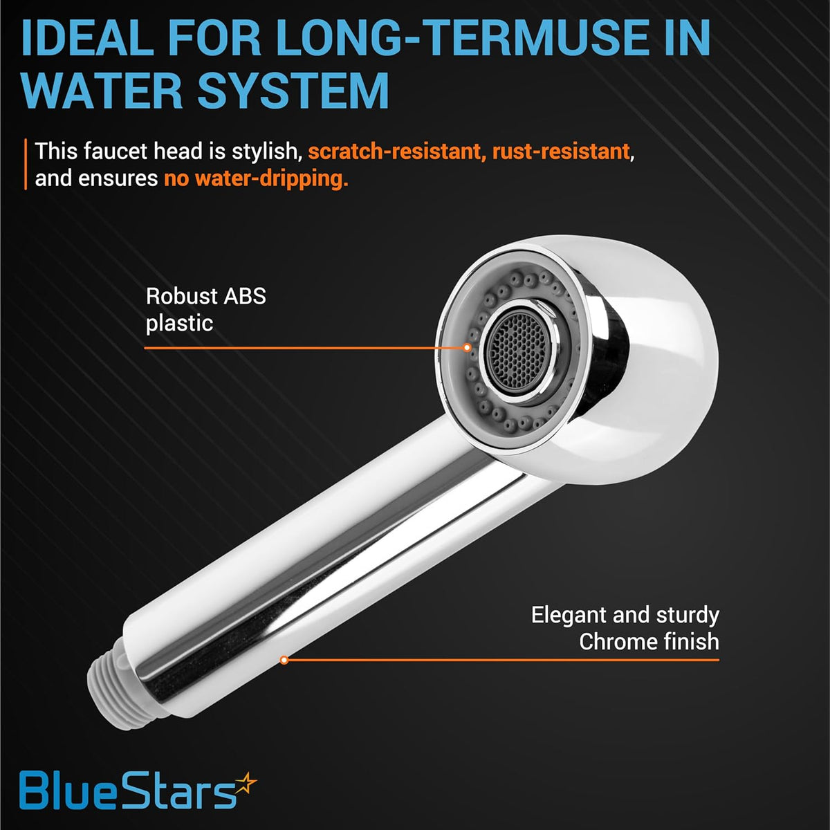 Chrome pull-down bathroom sink sprayer head with ABS plastic nozzle and G1/2 male connector.