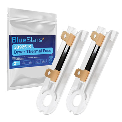 Two 3392519 dryer thermal fuses with white plastic housing and metal terminals, shown with BlueStars packaging.