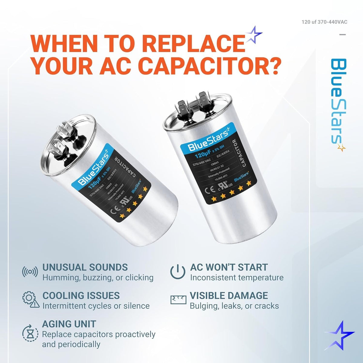 Infographic showing two 120 uF 370/440 VAC round run capacitors with signs indicating when to replace an AC capacitor.