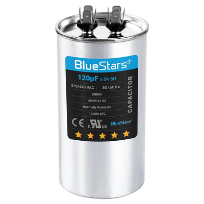 120 uF 370/440 VAC round run capacitor with BlueStars label and dual terminal connectors.