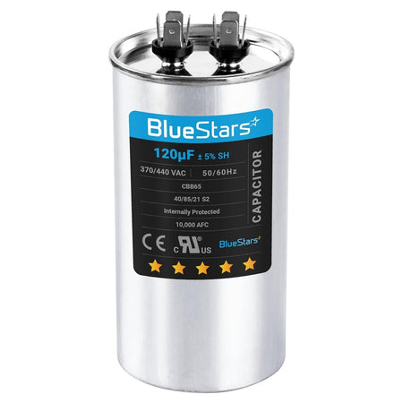 120 uF 370/440 VAC round run capacitor with BlueStars label and dual terminal connectors.