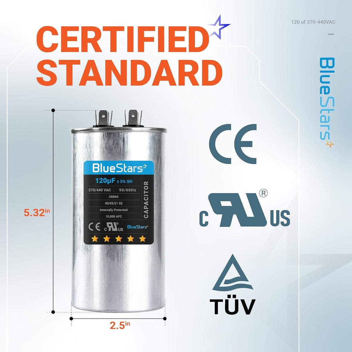 BlueStars 120 uF 370/440 VAC round run capacitor with technical specifications and dimensions diagram.