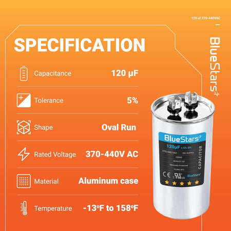 Specification chart for 120 uF 370/440 VAC round run capacitor with technical details and product image.