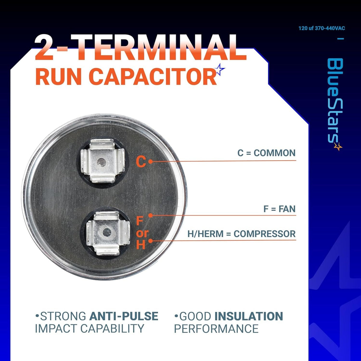 Top view of 120 uF 370/440 VAC round run capacitor showing 2-terminal layout with C, F, and H/HERM labels.