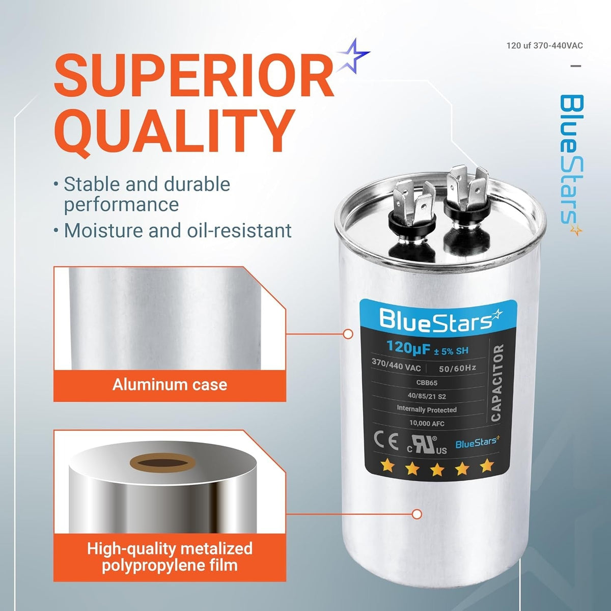 BlueStars 120 uF 370/440 VAC round run capacitor with aluminum case and metalized polypropylene film construction.